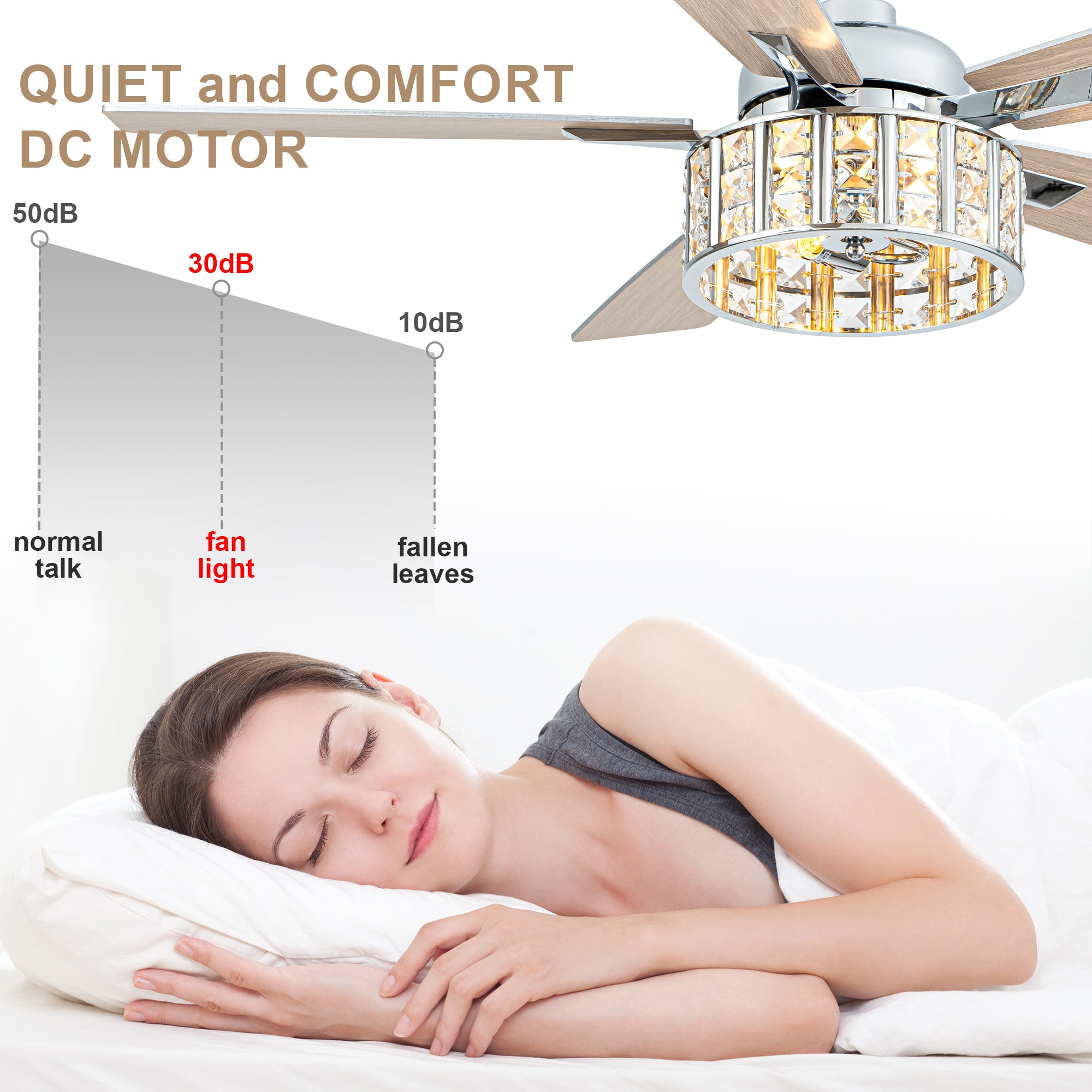 52 Inch Chrome Glam Crystal Ceiling Fan with Lights and Remote Control, 6 Speeds Reversible Ceiling Fan with Crystals