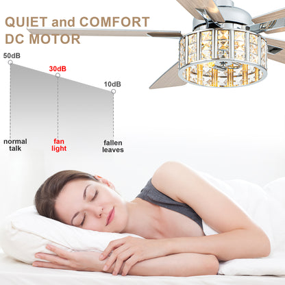BellaDepot 52" Luxury Crystal Caged Chrome Ceiling Fan with Remote Control, 6 Speeds Ceiling Fan with Lights for Living Room- DC5229-MD
