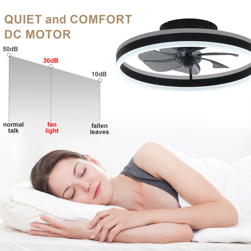 20 Inch Modern Smart Flush Mount Ceiling Fan with Dimmable LED Light and Remote, 6 Speeds DC Motor Reversible Bladeless Celing Fan for Bedroom