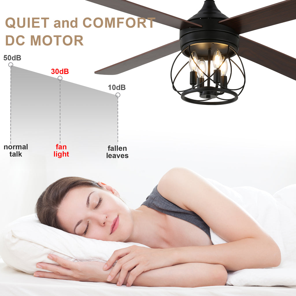 52 Inch Rustic Black Ceiling Fan with Lights and Remote, 6-Speed DC Motor Reversible Farmhouse Industrial Ceiling Fan