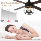 52 Inch Rustic Black Ceiling Fan with Lights and Remote, 6-Speed DC Motor Reversible Farmhouse Industrial Ceiling Fan