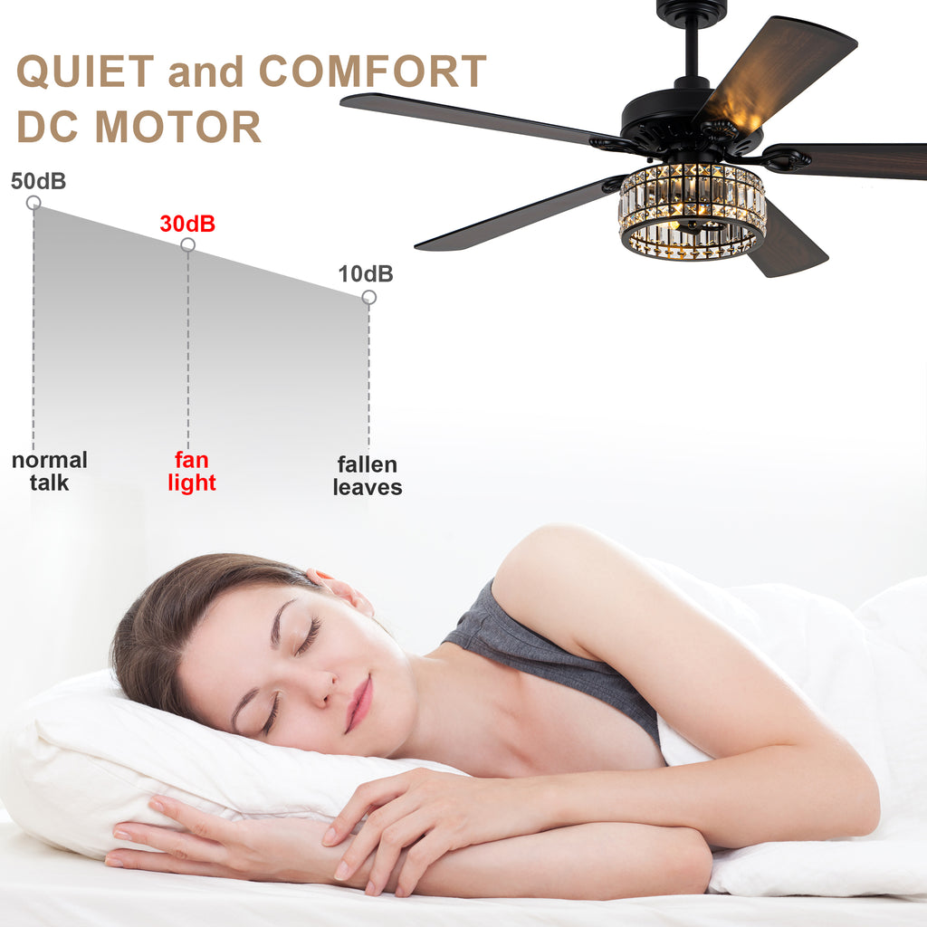 Luxury 60 Inch Crystal Caged Ceiling Fan with Light Reversible Quiet DC Motor and Remote Control Ceiling Fan Wood Blades Ceiling Fan Suit for Bedroom, Living Room, Kitchen