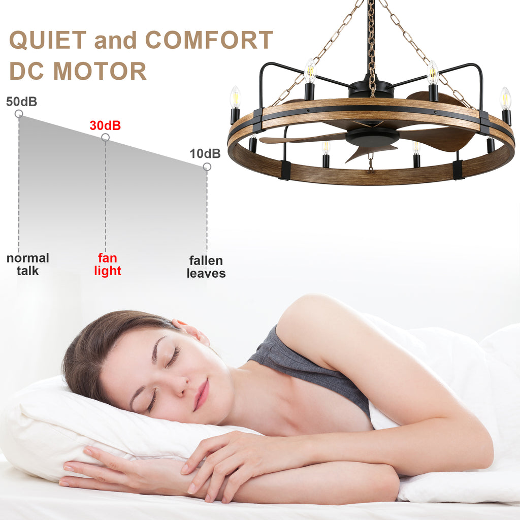 36 Inch Farmhouse Wagon Wheel Ceiling Fan with Lights and Remote Control, 6 Speeds DC Motor Bladeless Fandelier Ceiling Fan