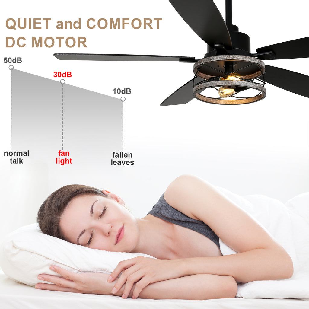 52 Inch Black Farmhouse Ceiling Fan with Lights and Remote Control, 6 Speeds DC Motor Reversible Caged Ceiling Fan