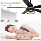 52 Inch Black Farmhouse Ceiling Fan with Lights and Remote Control, 6 Speeds DC Motor Reversible Caged Ceiling Fan