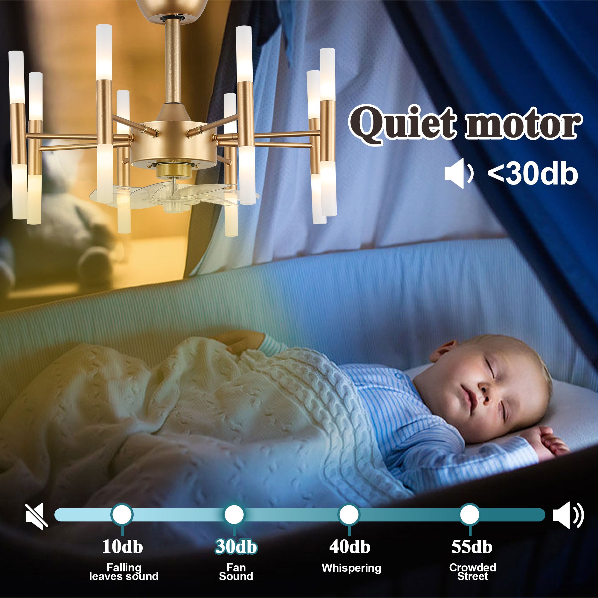 23 Inch Gold Modern Bladeless Ceiling Fan with Dimmable Lights and Remote Control, 6 Speeds DC Motor Fandelier Ceiling Fan for Bedroom