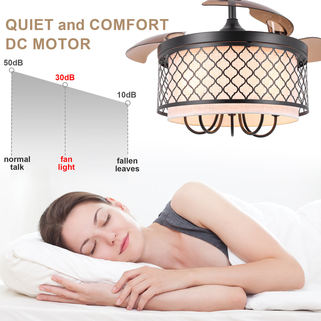 42 Inch Farmhouse Retractable Ceiling Fan with Lights and Remote Control, 6 Speeds DC Motor Bladeless Ceiling Fan for Bedroom