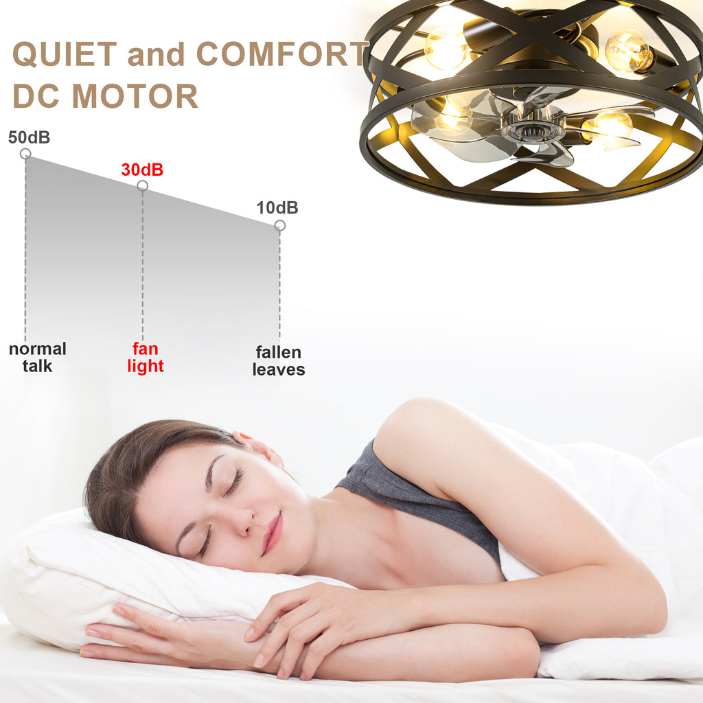20 Inch Black Industrial Ceiling Fan with Light and Remote, 6-Speed DC Motor Bladeless Ceiling Flush Mount & Downrod Options