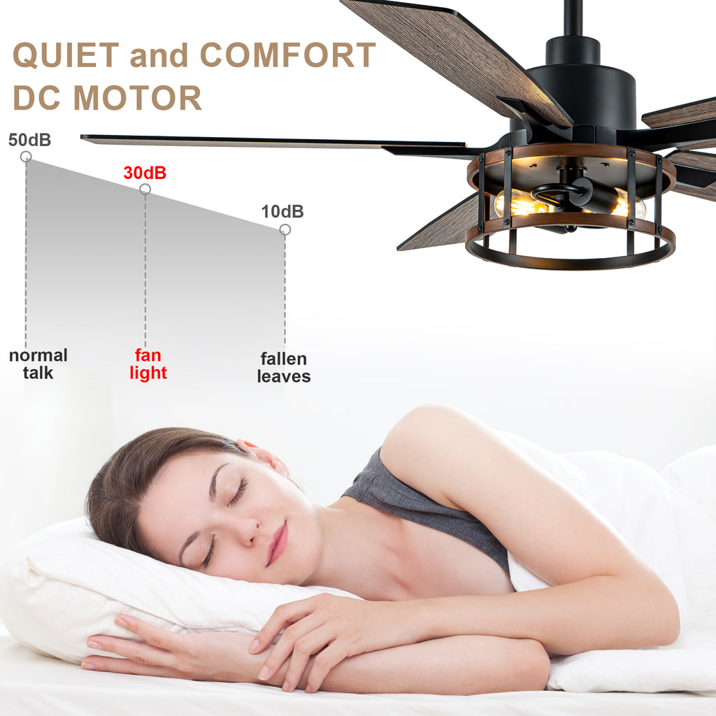 52 Inch Black Farmhouse Ceiling Fan with Lights and Remote Control,6 Speeds Dual-Finish Blades Caged Ceiling Fan