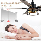 52 Inch Black Farmhouse Ceiling Fan with Lights and Remote Control,6 Speeds Dual-Finish Blades Caged Ceiling Fan