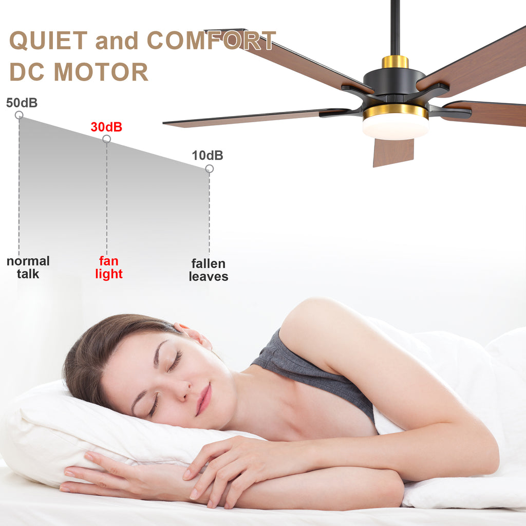 52 Inch Modern Ceiling Fan with LED Light and Remote Control, 6 Speeds Quiet DC Motor Black and Gold Ceiling Fan for Living Room