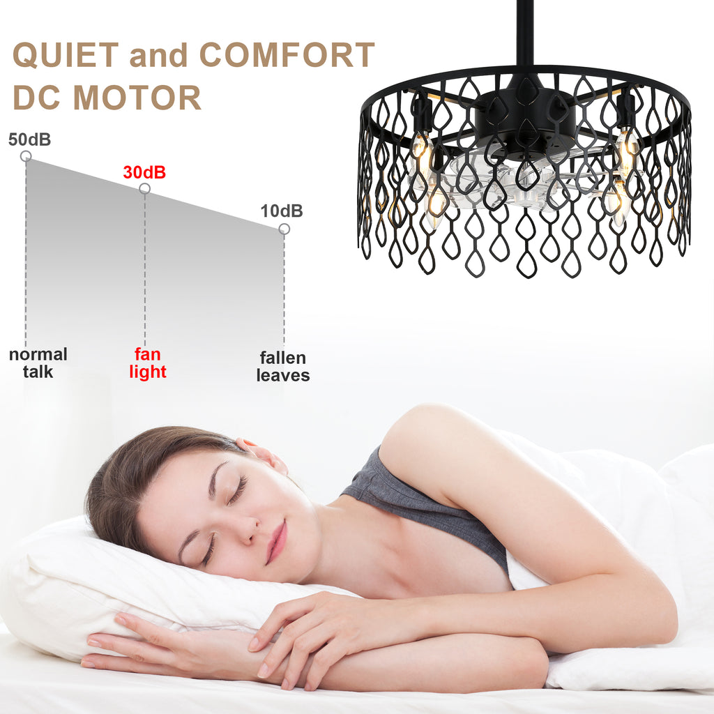 19 Inch Modern Black Drum Caged Ceiling Fan with Lights and Remote, 6 Speeds DC Motor Reversible Bladeless Fandelier Ceiling Fan