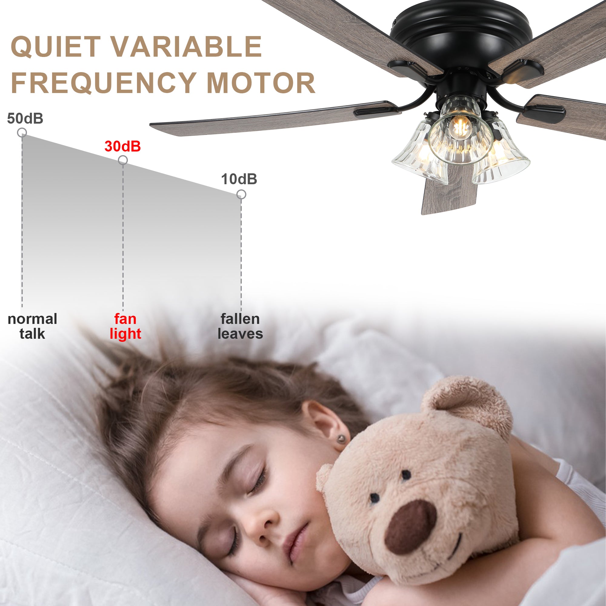 52/60 Inch Black Farmhouse Flush Mount Ceiling Fan with Lights and Remote Control, 6 Speeds DC Motor Low Profile Ceiling Fan with Glass Shade