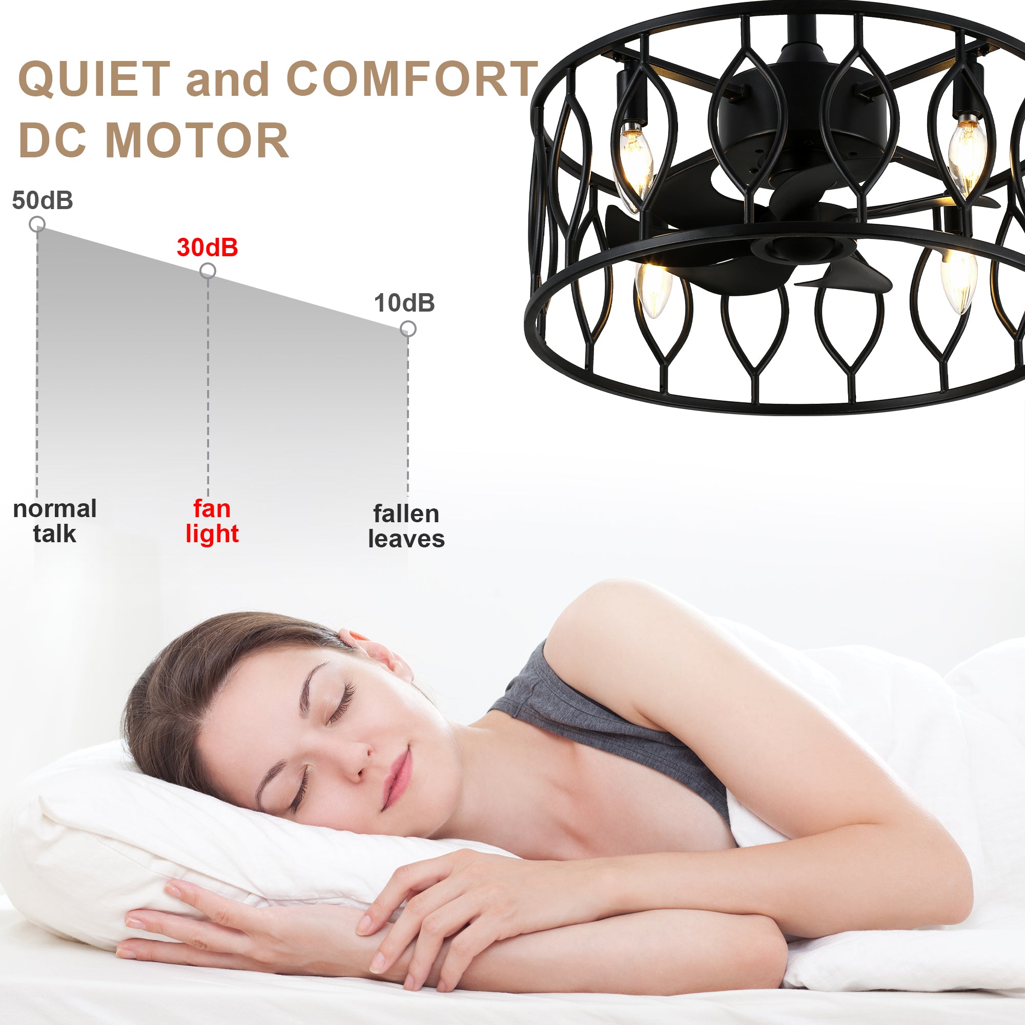 19 Inch Modern Black Caged Ceiling Fan with Lights and Remote Control, 6 Speeds DC Motor Fandelier Bladeless Ceiling Fan