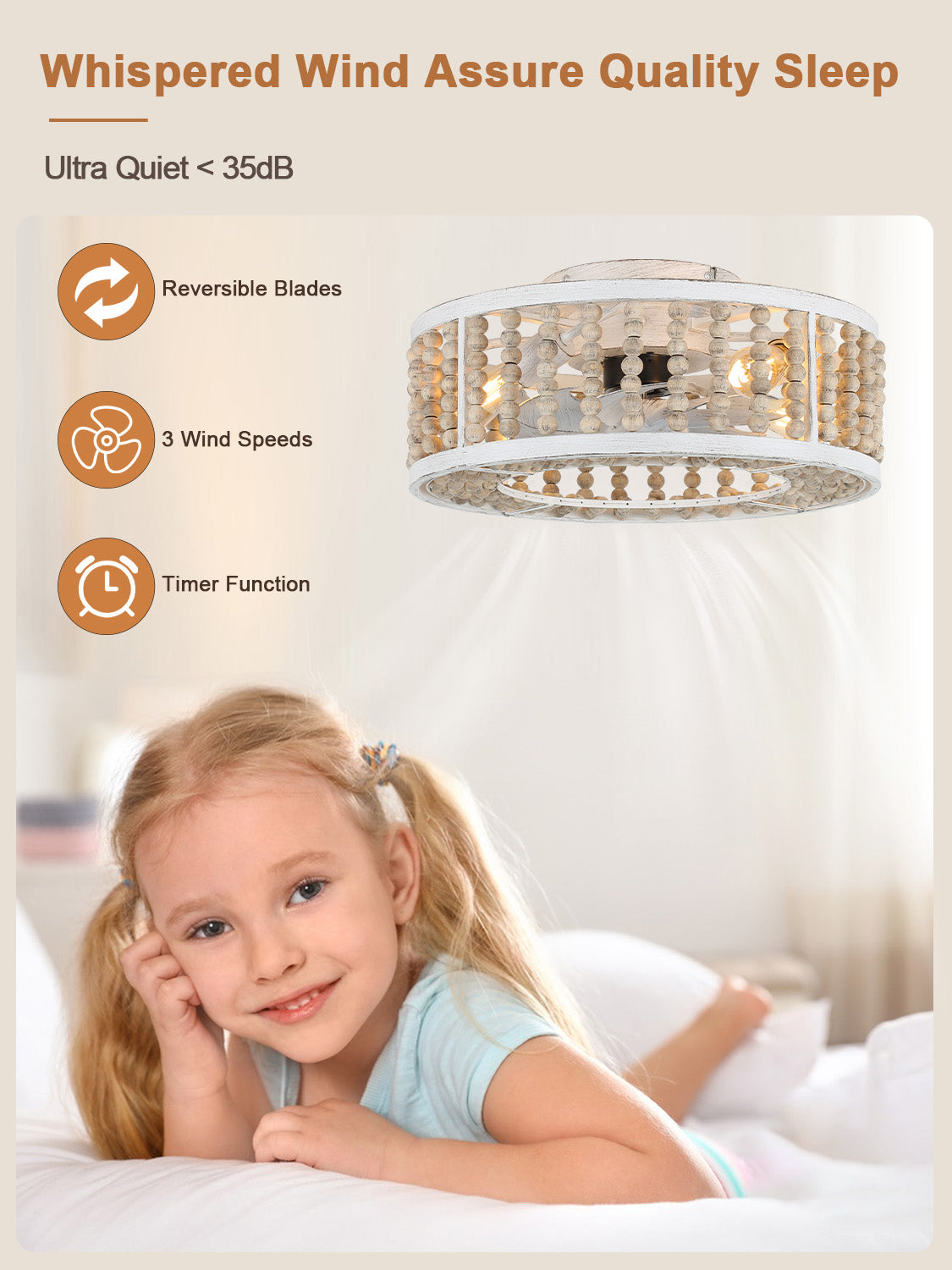 20 Inch Boho Flush Mount Ceiling Fan with Lights and Remote,3 Speeds Reversible Bladeless Low Profile Ceiling Fan for Bedroom