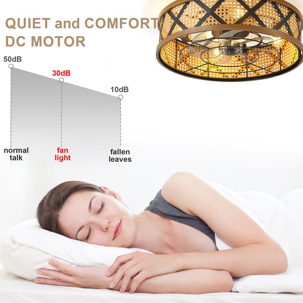 23 Inch Bohemian Rattan Flush Mount Ceiling Fan with Lights and Remote, 6 Speeds DC Motor Farmhouse Low Profile Bladeless Ceiling Fan