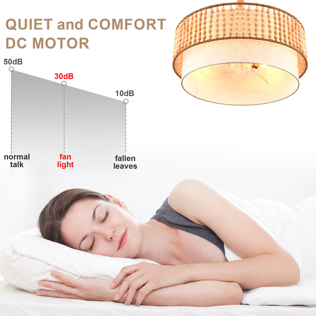 20 Inch Gold Bohemian Drum Ceiling Fan with Lights and Remote, 6 Speeds DC Motor Reversible Bladeless Fandelier Ceiling Fan with Wood Beaded Shade