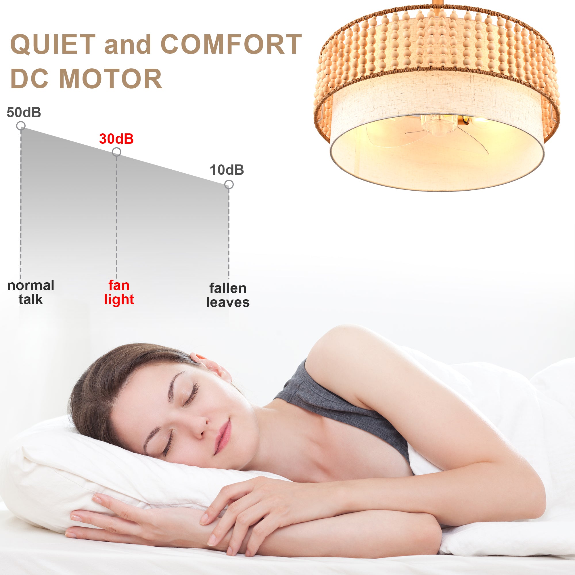 20 Inch Gold Bohemian Drum Ceiling Fan with Lights and Remote, 6 Speeds DC Motor Reversible Bladeless Fandelier Ceiling Fan with Wood Beaded Shade