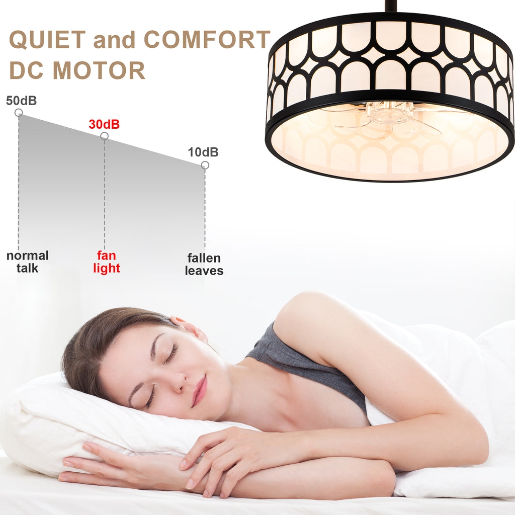 20 Inch Modern Drum Cage Ceiling Fan with Light and Remote, DC Motor 6-Speed Reversible Fandelier Bladeless Ceiling Fan for Bedroom