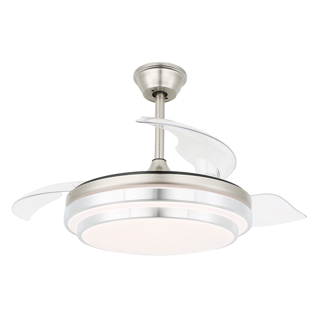 42 Inch Chrome Modern Retractable Ceiling Fan with Dimmable LED Light and Remote, 6 Speeds DC Motor Reversible Fandelier Ceiling Fan