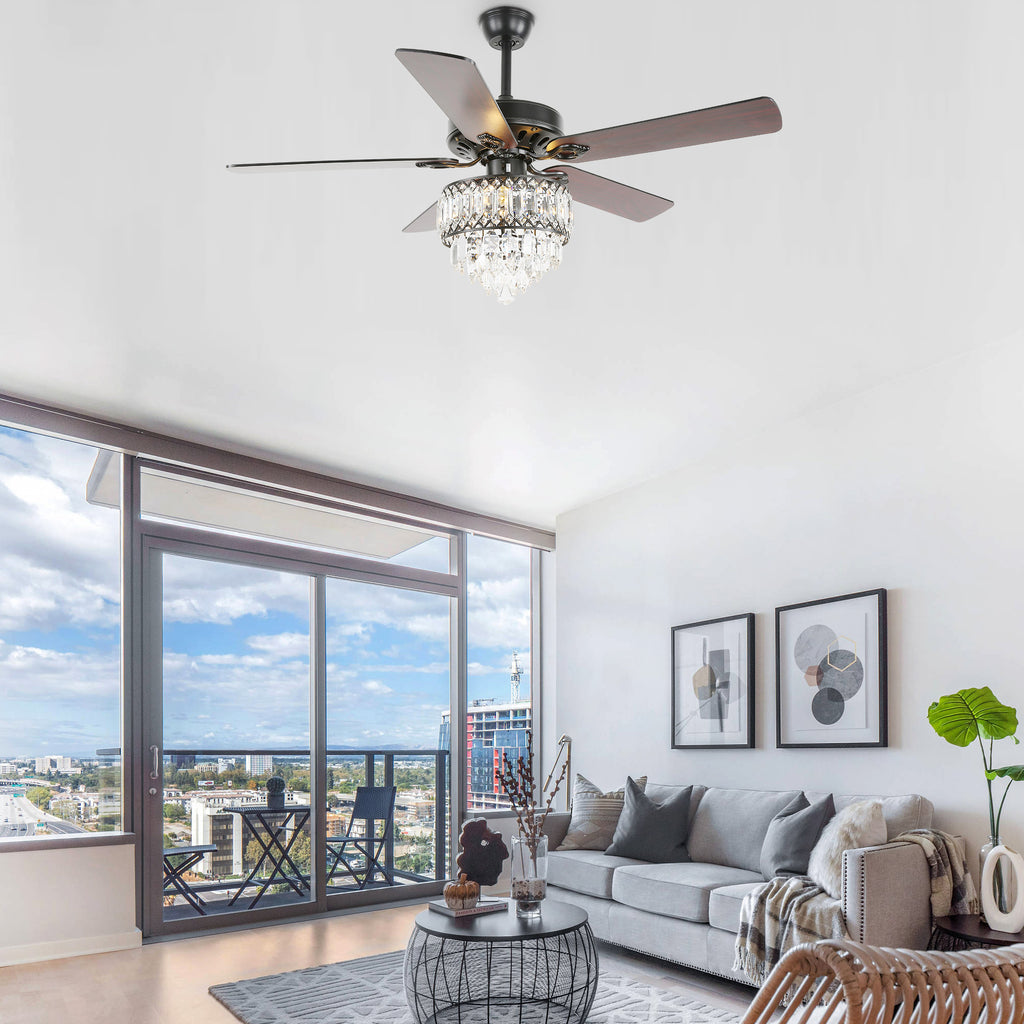 52" BellaDepot Luxury Crystal Ceiling Fan with Light & Remote - Black/Chrome Reversible DC Motor, 6 Speeds, Timer, Quiet Fandelier