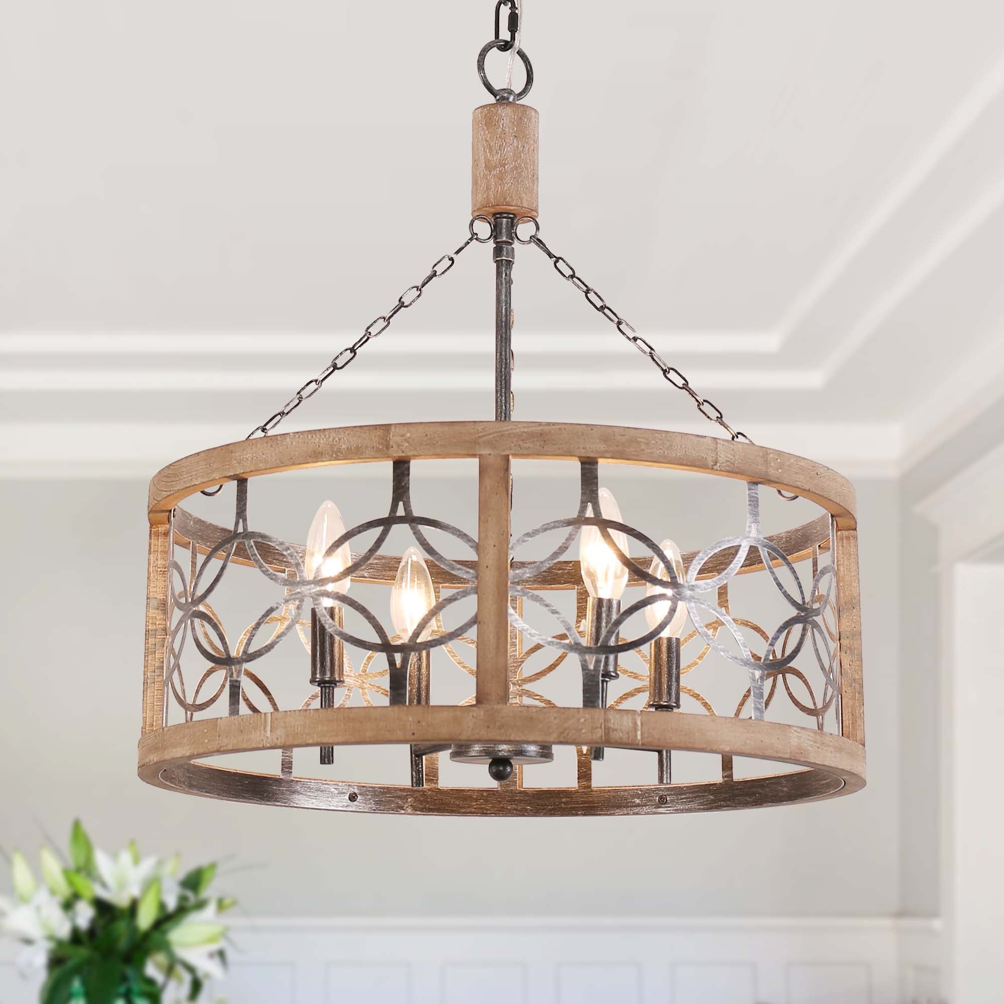 4-Light Solid Wood Farmhouse Drum Chandelier, Rustic Caged Pendant Light, 19.7" Dining Room Chandelier, Kitchen Island Ceiling Lighting