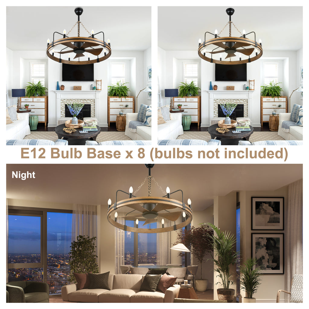 36 Inch Farmhouse Wagon Wheel Ceiling Fan with Lights and Remote Control, 6 Speeds DC Motor Bladeless Fandelier Ceiling Fan