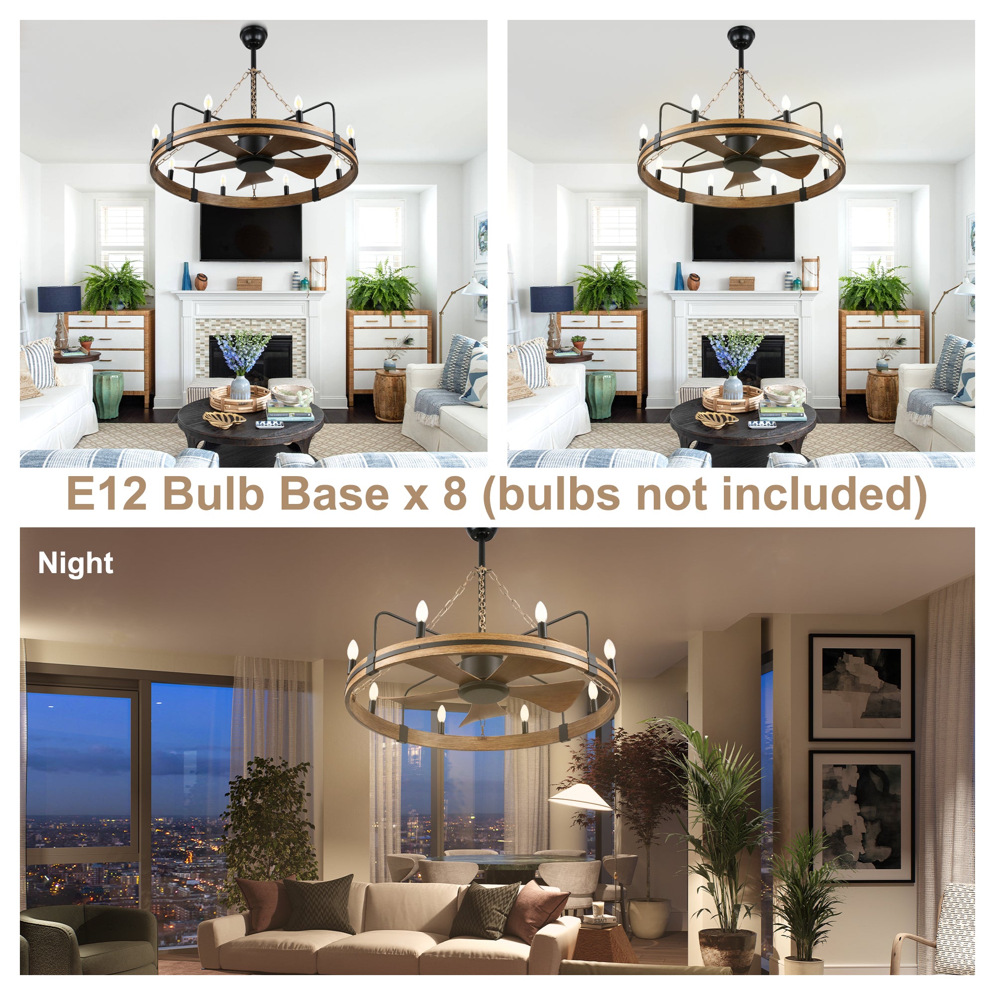 36 Inch Farmhouse Wagon Wheel Ceiling Fan with Lights and Remote Control, 6 Speeds DC Motor Bladeless Fandelier Ceiling Fan