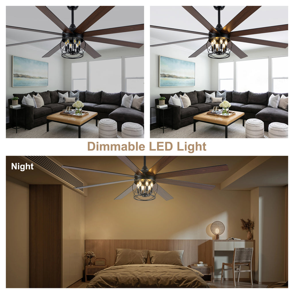 Industrial 72 Inch Large Ceiling Fan with Light Quiet Reversible DC Motor with Remote Control Ceiling Fan Adjustable Downrods Ceiling Fan Suit for Bedroom, Living Room