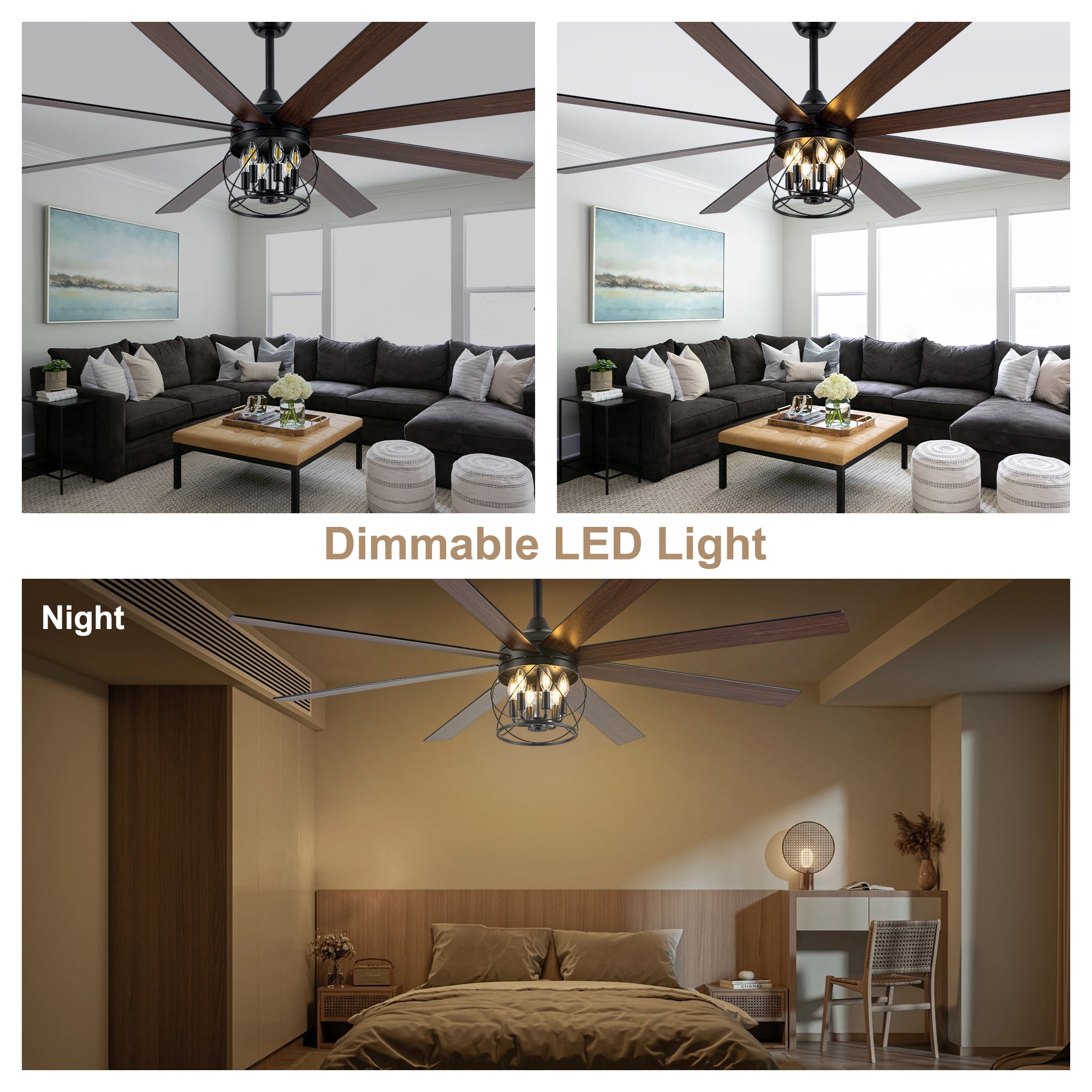 Industrial 72 Inch Large Ceiling Fan with Light Quiet Reversible DC Motor with Remote Control Ceiling Fan Adjustable Downrods Ceiling Fan Suit for Bedroom, Living Room