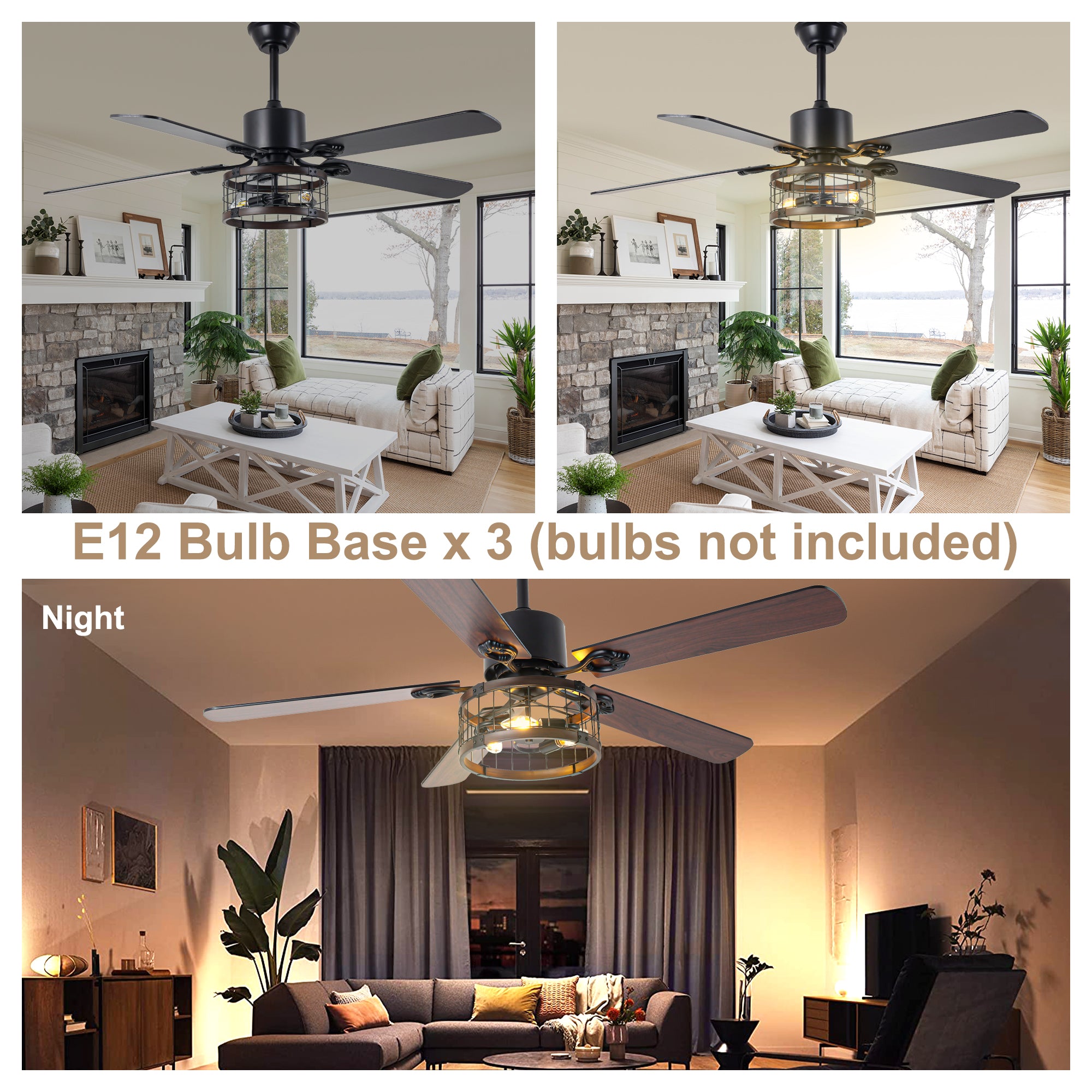 52 Inch Industrial Farmhouse Ceiling Fan with Lights and Remote Control, 6 Speeds Reversible Caged Ceiling Fan for Living Room