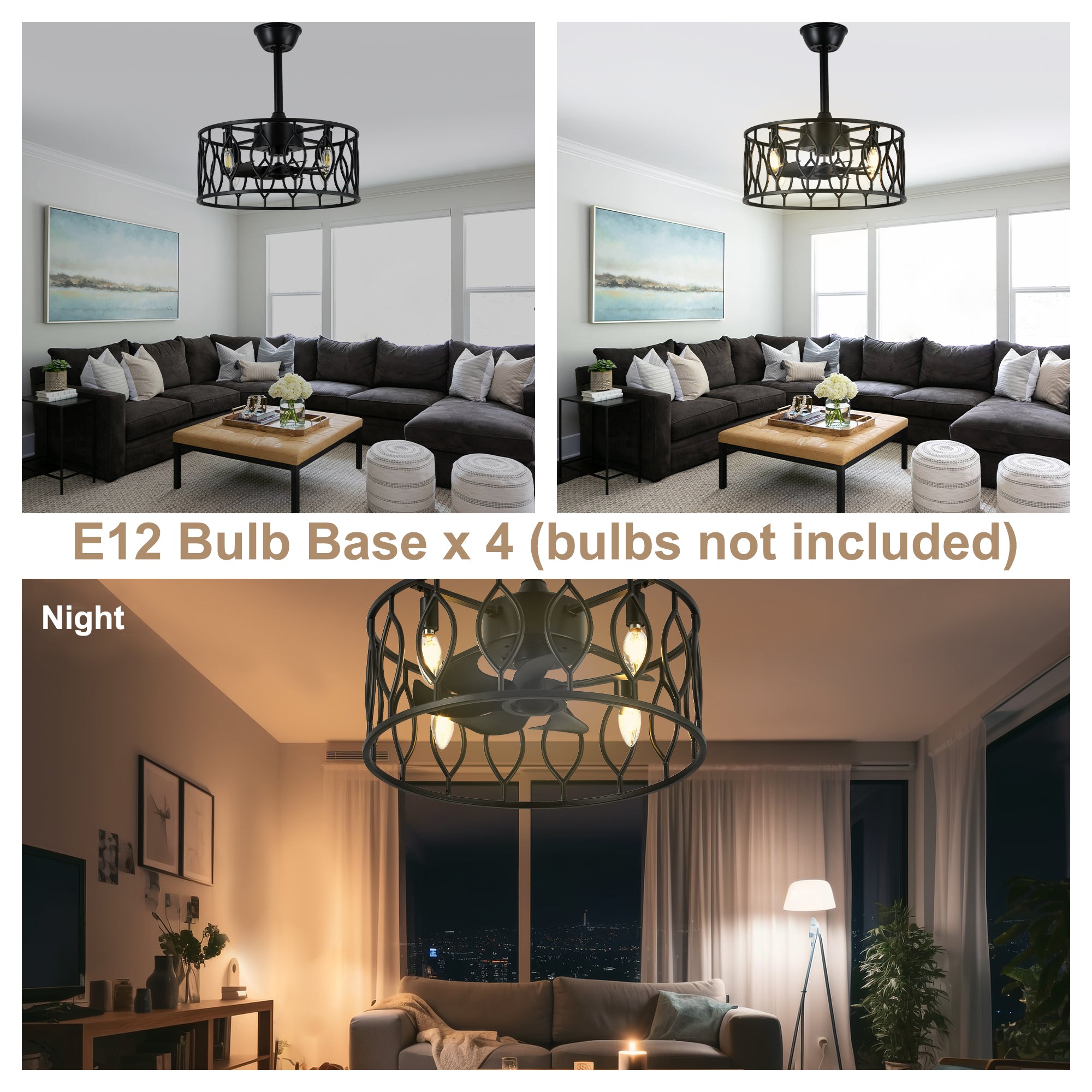 19 Inch Modern Black Caged Ceiling Fan with Lights and Remote Control, 6 Speeds DC Motor Fandelier Bladeless Ceiling Fan