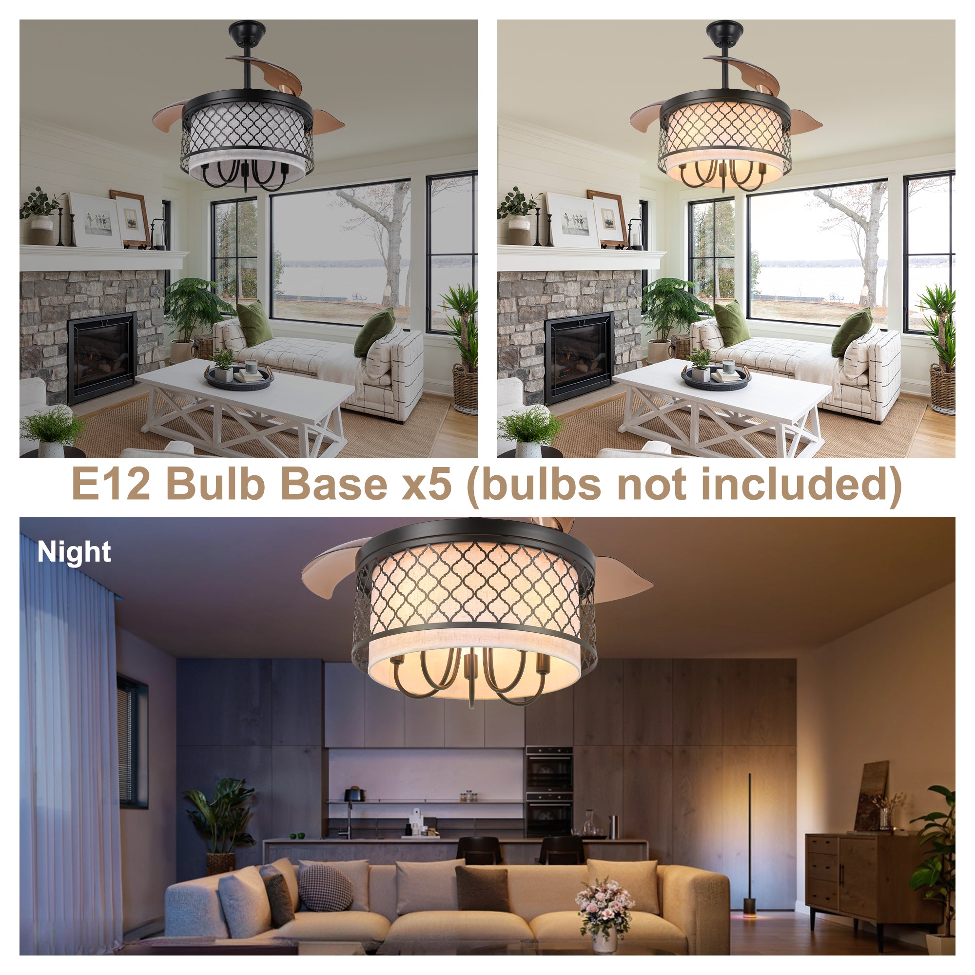 42 Inch Farmhouse Retractable Ceiling Fan with Lights and Remote Control, 6 Speeds DC Motor Bladeless Ceiling Fan for Bedroom