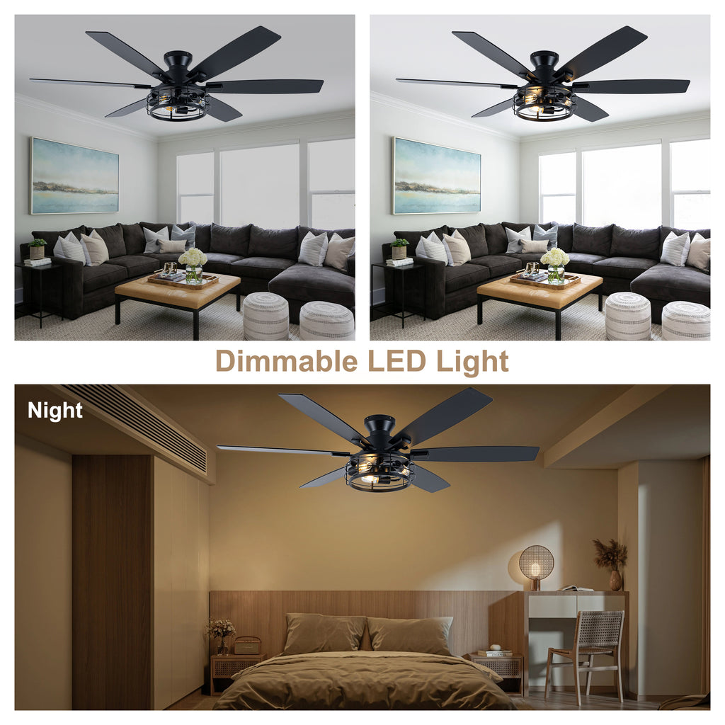 Farmhouse 60 Inch Flush Mount Ceiling Fan with Light Reversible Quiet DC Motor 6 Speed Ceiling Fan with Light Caged Timming Remote Control Ceiling Fan with Light Suit for Bedrooms, Kitchens, Living Rooms