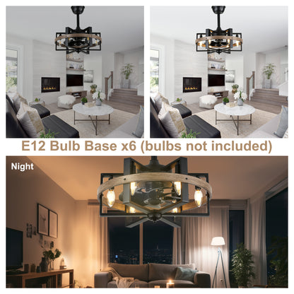 BD1811-BR-BellaDepot 18.5" Industrial Wood Grain Reversible Caged Ceiling Fan with Remote and 6 Lights