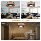 Bohemian 20 Inch Flush Mount Ceiling Fan with Light Caged Bamboo and Paper Rope Woven Shade Ceiling Fan with Ligth Dimmable LED and Reversible DC Motor Ceiling Fan Suit for Bedroom, Kitchen