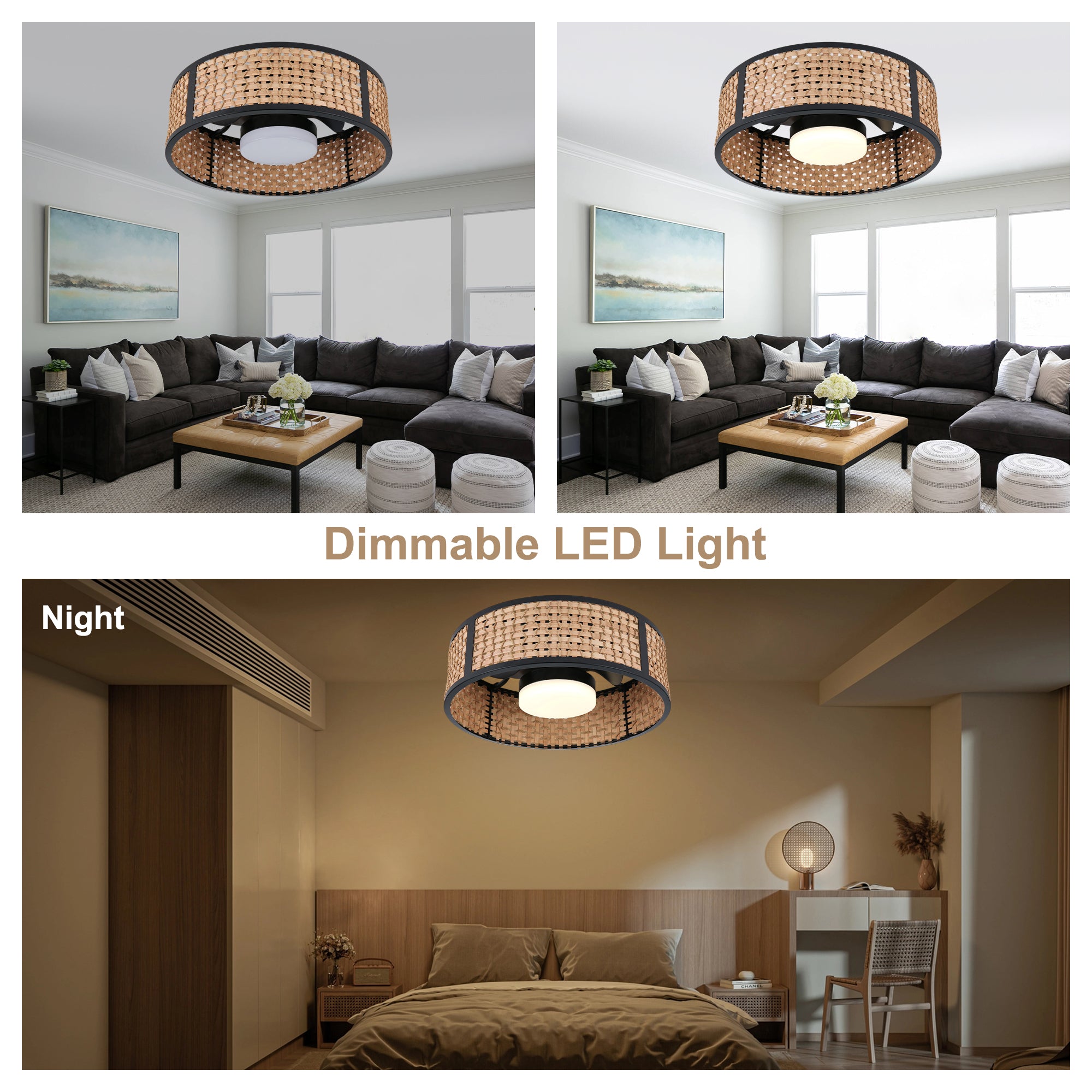 Bohemian 20 Inch Flush Mount Ceiling Fan with Light Caged Bamboo and Paper Rope Woven Shade Ceiling Fan with Ligth Dimmable LED and Reversible DC Motor Ceiling Fan Suit for Bedroom, Kitchen