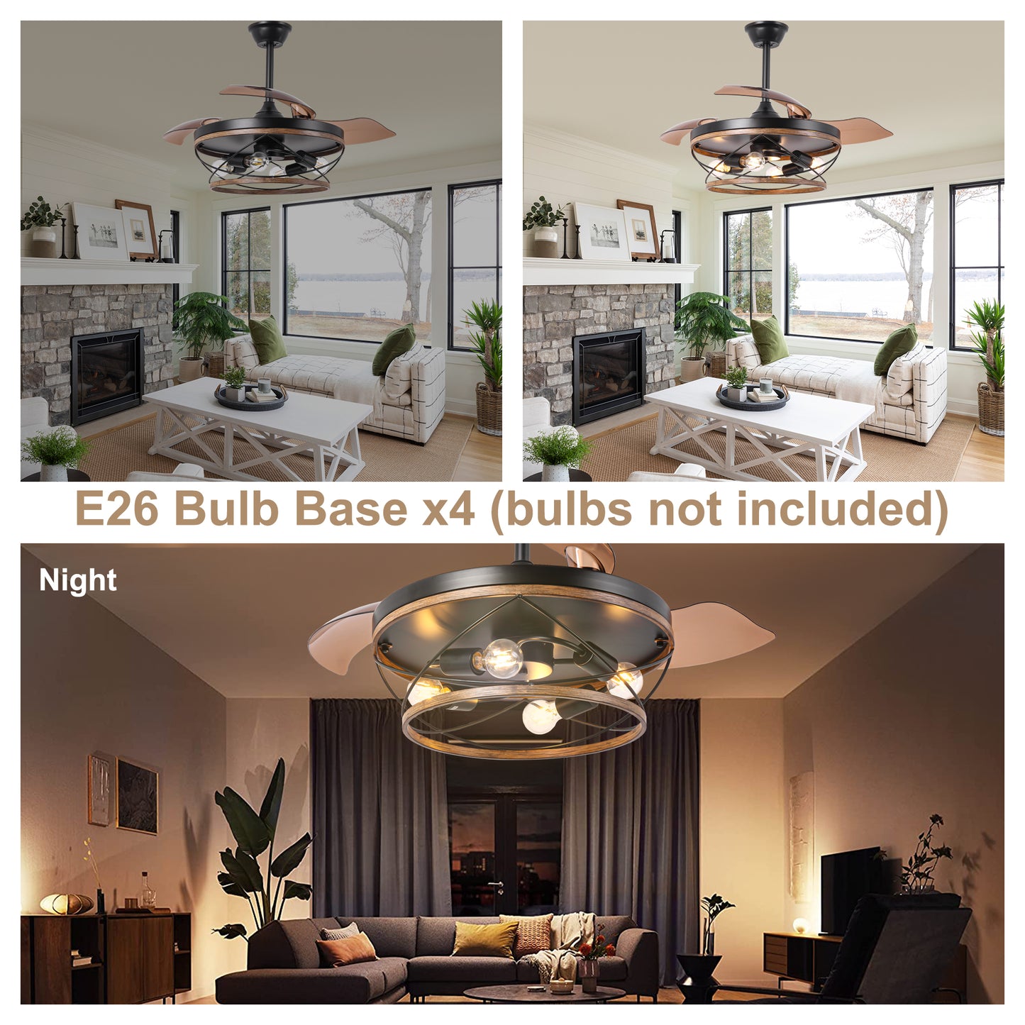 BellaDepot 42" Farmhouse Brown Retractable Ceiling Fan with Remote Control, Invisible Blades Ceiling Fan with Lights - DC4270