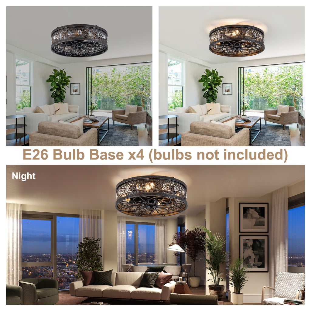 Retro 19 Inch Retractable Ceiling Fan with Light Reversible Quite DC Motor Ceiling Fan Remote APP Control Flush-Mount Fan with Light for Bedrooms, Living Rooms, Kitchens