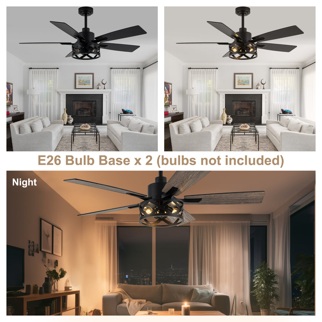 52 Inch Industrial Wood Grain Caged Ceiling Fan with Remote and Reversible Blades, 6-Speed Ceiling Fan with Lights