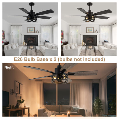 MD-FS8962XL-BellaDepot 52" Industrial Wood Grain Caged Ceiling Fan with Remote and Reversible Blades, Large Size 6-speed Ceiling Fan with Lights