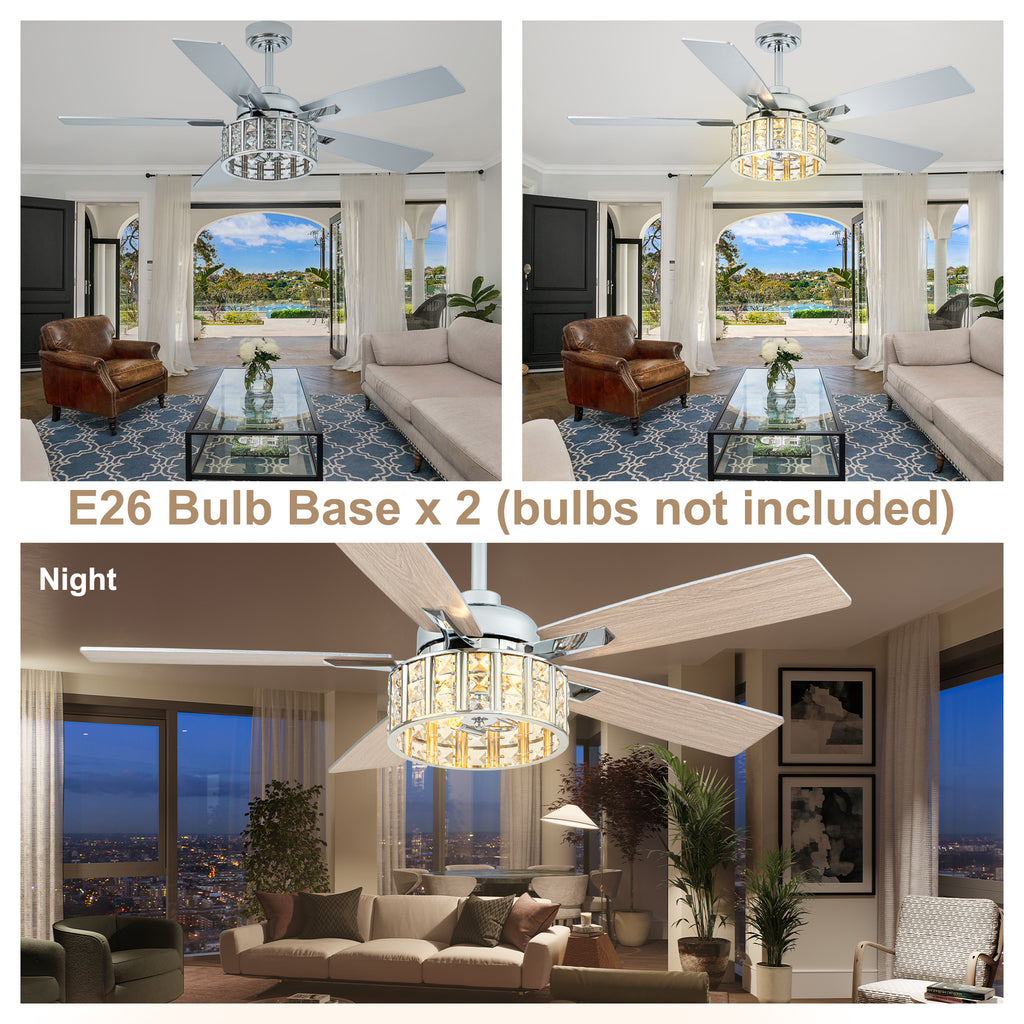 52 Inch Chrome Glam Crystal Ceiling Fan with Lights and Remote Control, 6 Speeds Reversible Ceiling Fan with Crystals