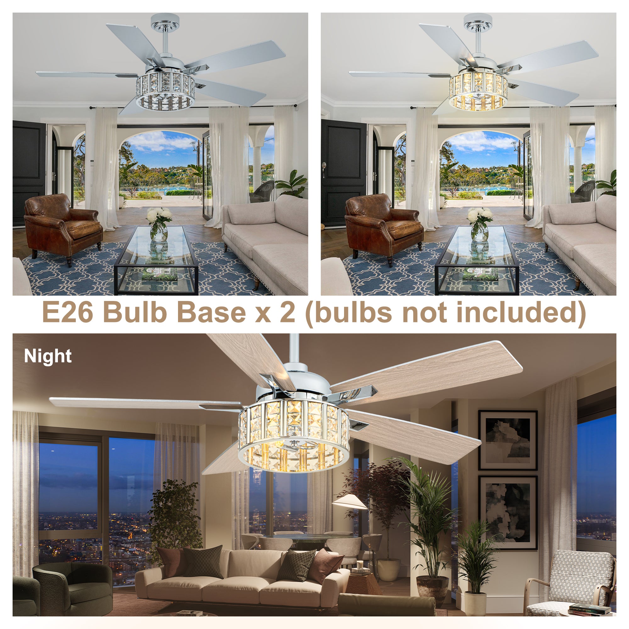 52 Inch Chrome Glam Crystal Ceiling Fan with Lights and Remote Control, 6 Speeds Reversible Ceiling Fan with Crystals