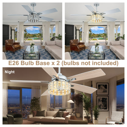BellaDepot 52" Luxury Crystal Caged Chrome Ceiling Fan with Remote Control, 6 Speeds Ceiling Fan with Lights for Living Room- DC5229-MD