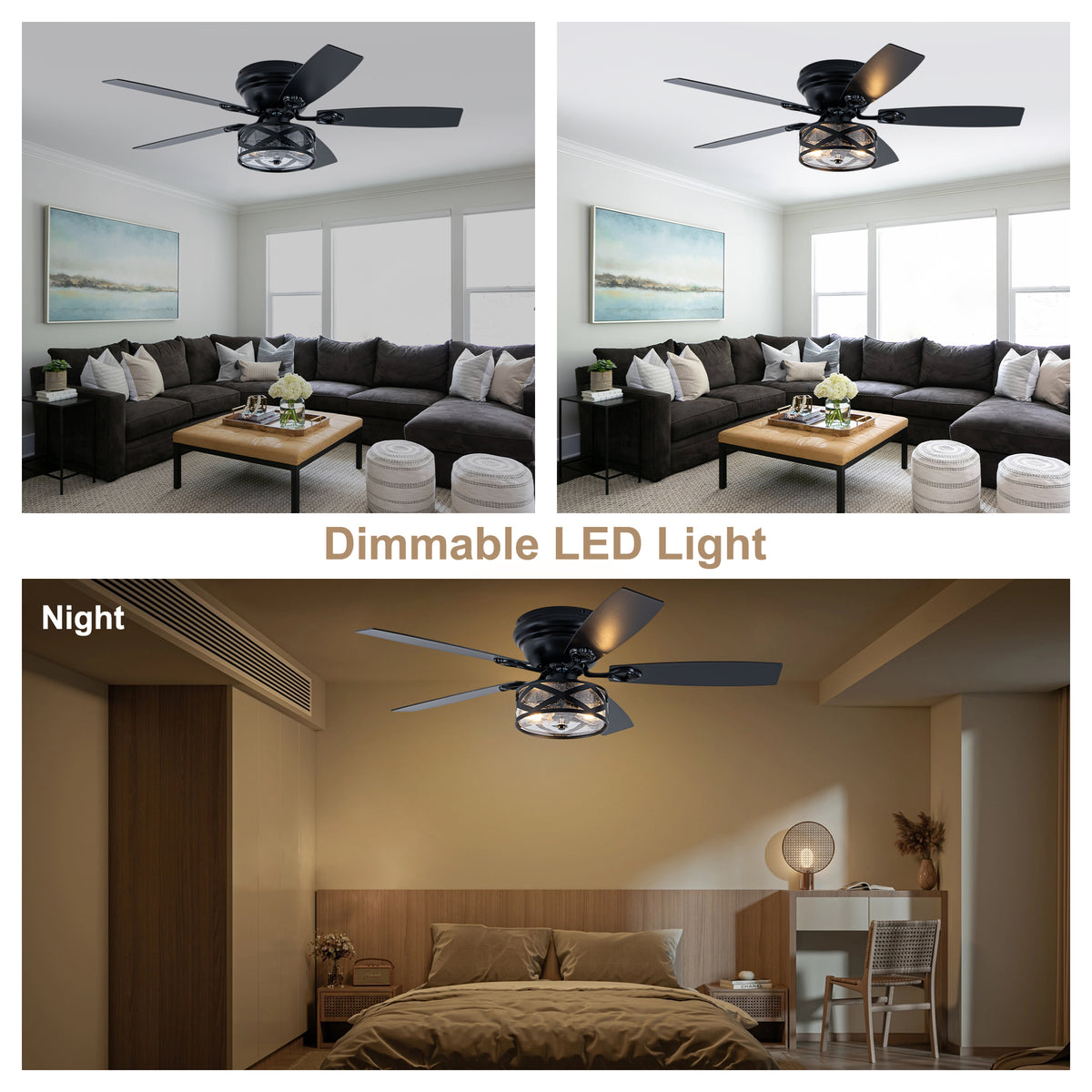 Farmhouse 52 Inch Caged  Flush Mount Ceiling Fan with Light Quiet Reversible DC Motor with 5 Fan Blades Ceiling Fan with Light Remote Control Adjustable 6 Speed Ceiling Fan with Light Suit for Bedrooms, Living Rooms, Kitchens