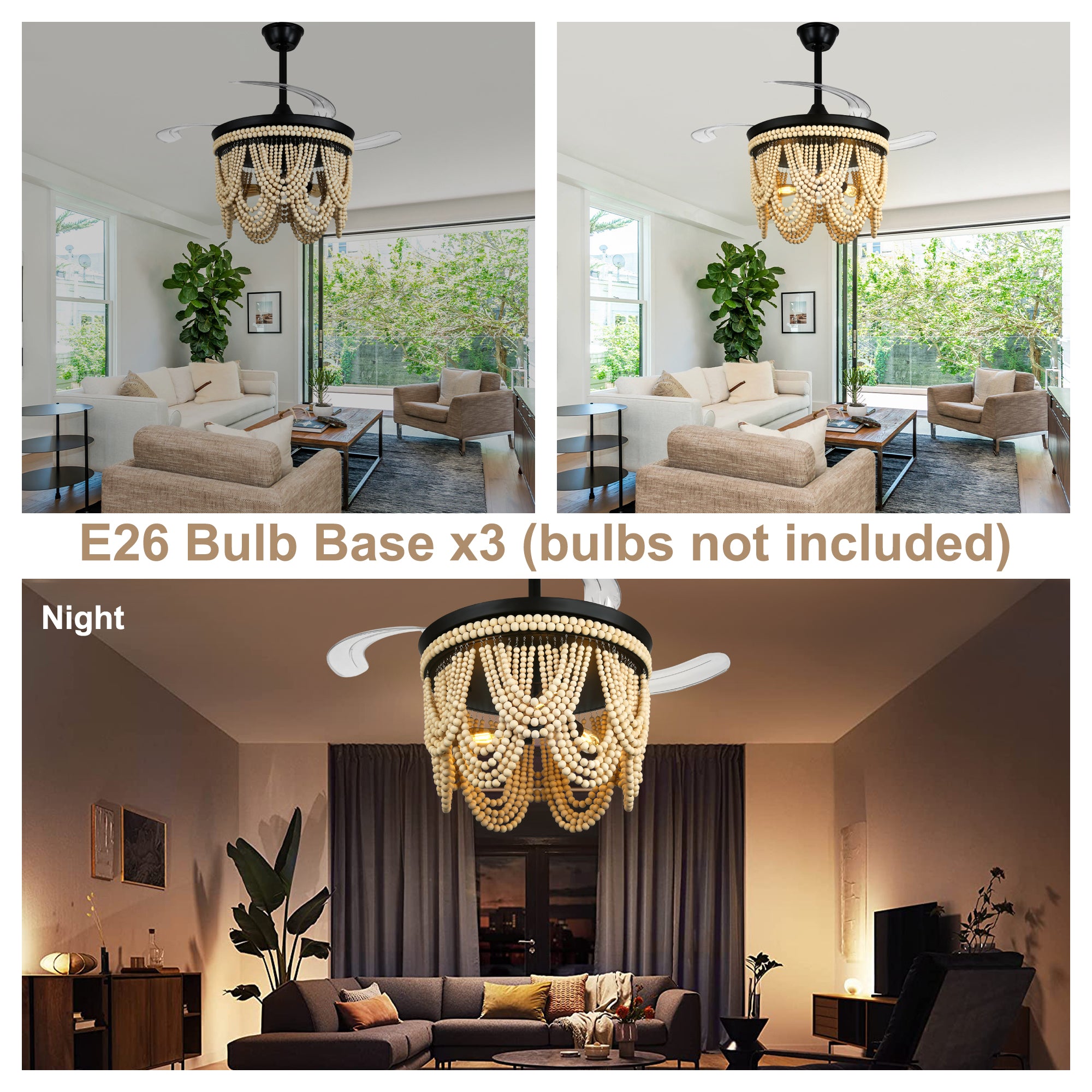 42 Inch Black/Gold/White Boho Retractable Ceiling Fan with Lights and Remote, 6 Speeds DC Motor Bladeless Ceiling Fan with Wood Beaded Shade
