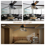 Luxury 60 Inch Crystal Caged Ceiling Fan with Light Reversible Quiet DC Motor and Remote Control Ceiling Fan Wood Blades Ceiling Fan Suit for Bedroom, Living Room, Kitchen
