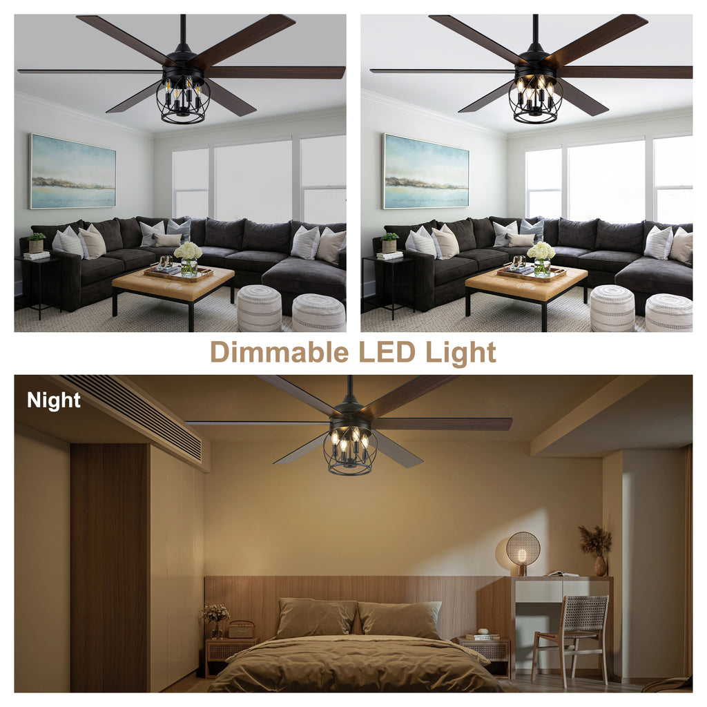 Industrial 60 Inch Caged Ceiling Fan with Light 6 Wood Blades Reversible Quiet DC Motor Ceiling Fan 3 Downrods with Remote Control Ceiling Fan Suit for Living Room, Bedroom