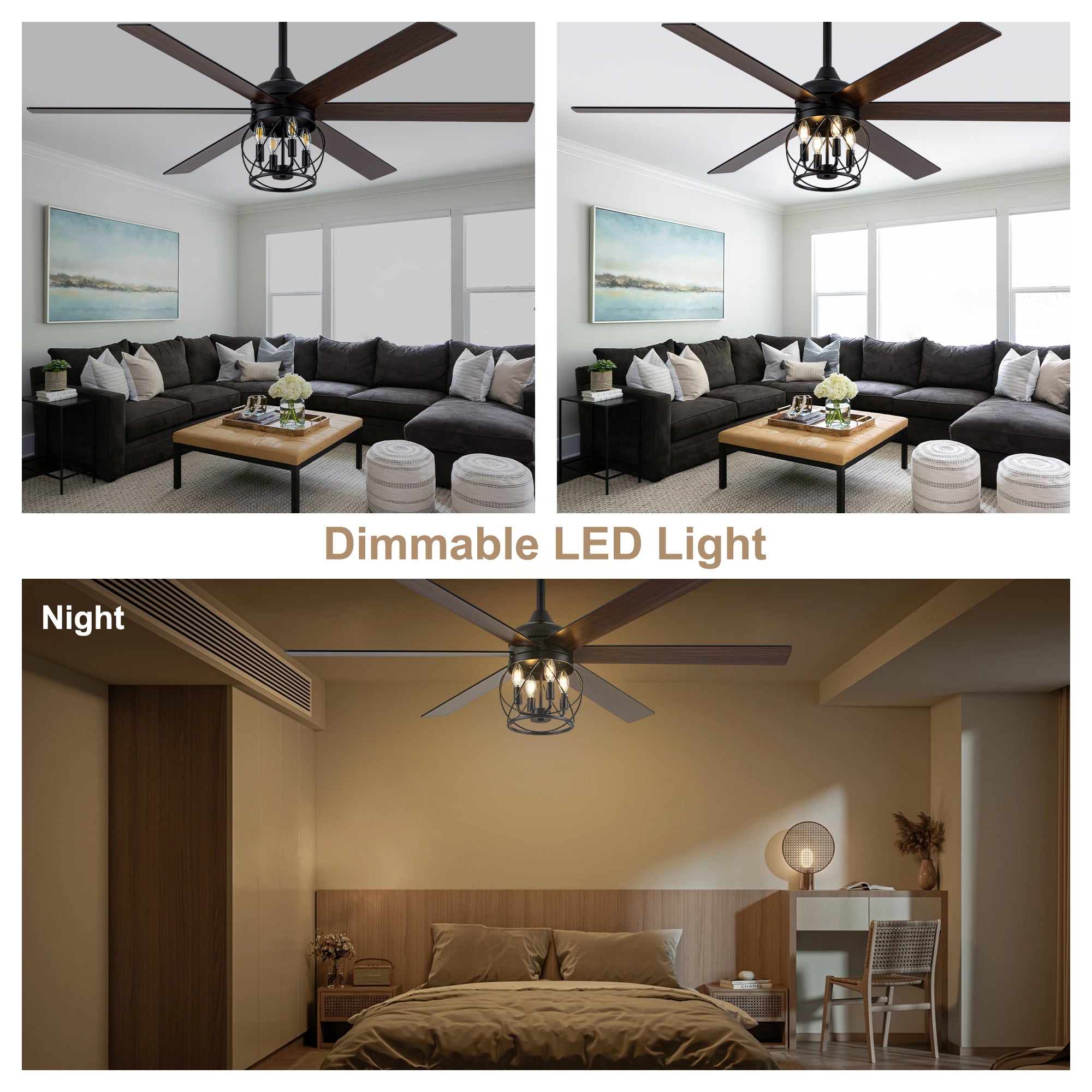 Industrial 60 Inch Caged Ceiling Fan with Light 6 Wood Blades Reversible Quiet DC Motor Ceiling Fan 3 Downrods with Remote Control Ceiling Fan Suit for Living Room, Bedroom
