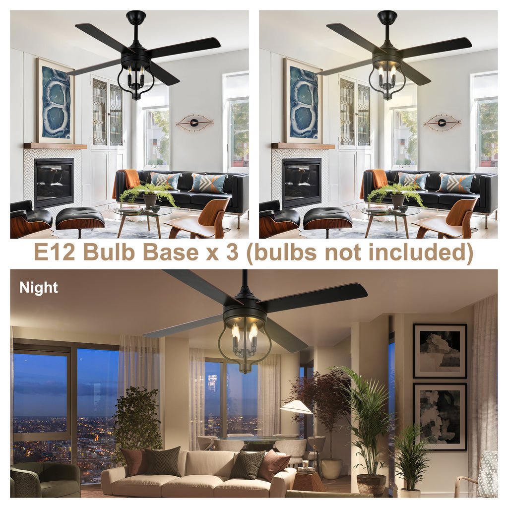 48 Inch Black Classic Ceiling Fan with Lights and Remote Control, 6 Speeds 4-Blade DC Motor Reversible Ceiling Fan for Living Room